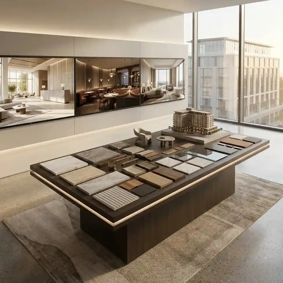 Luxury hospitality 3D design with premium material selection and interior visualization.