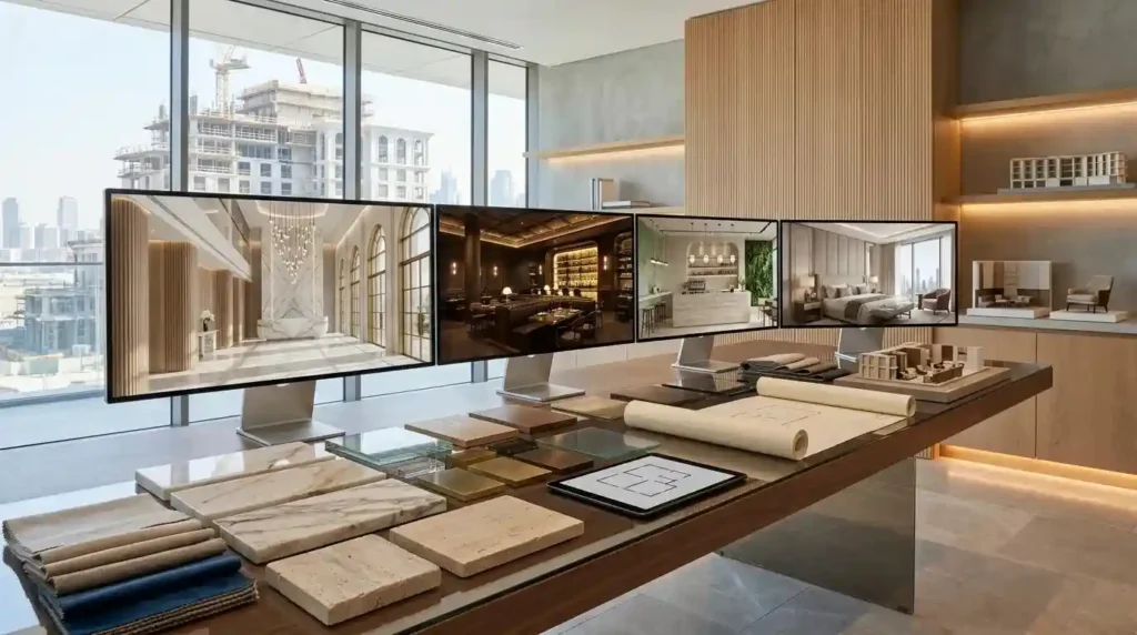 Photorealistic 3D visualization of luxury hospitality interior design concept in Dubai.