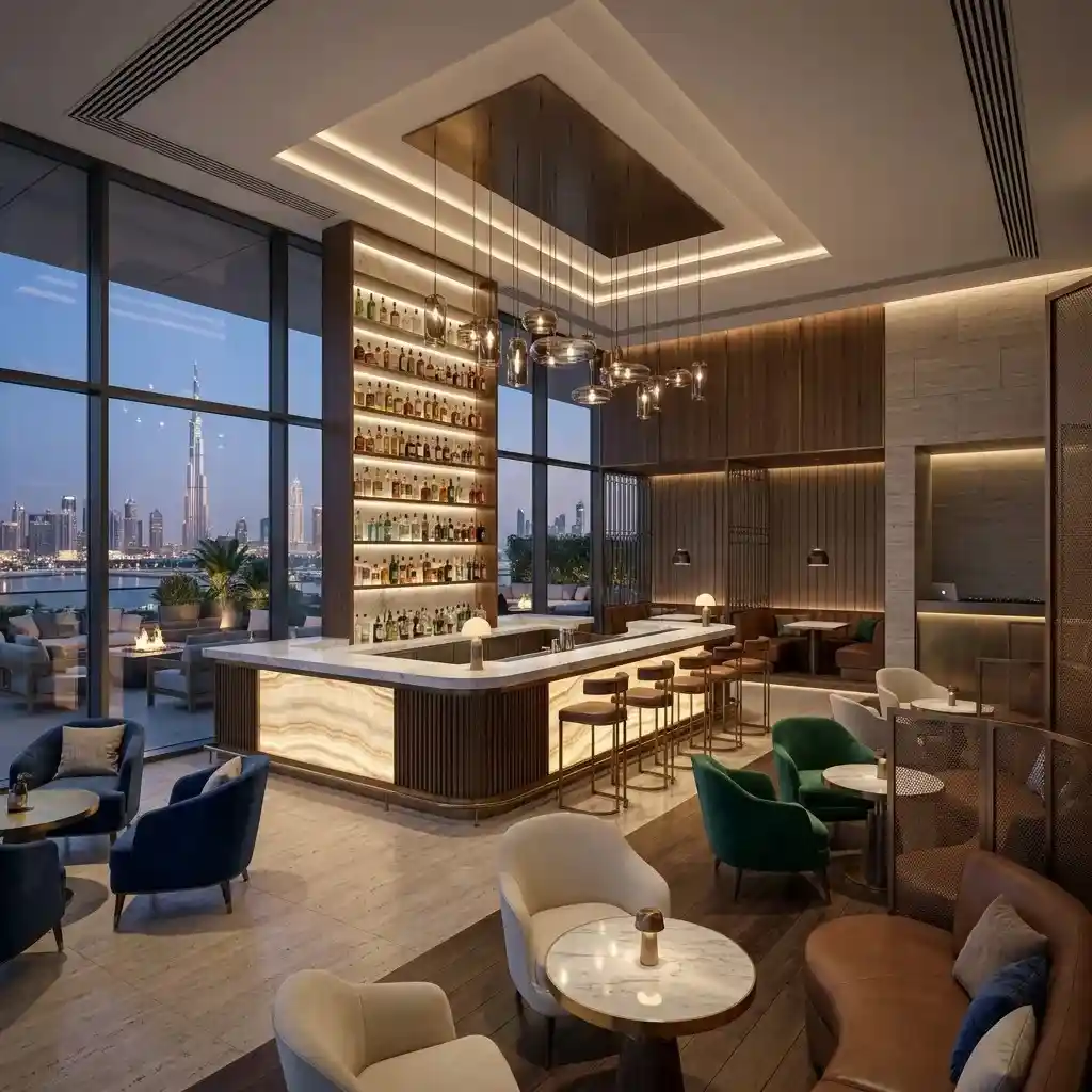 Luxury bar and lounge interior with elegant seating, designer lighting, and premium hospitality finishes.