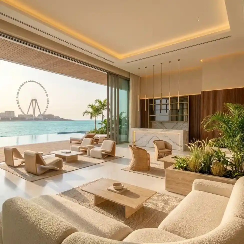Luxury beach club interior at JBR with contemporary coastal design and premium hospitality finishes.