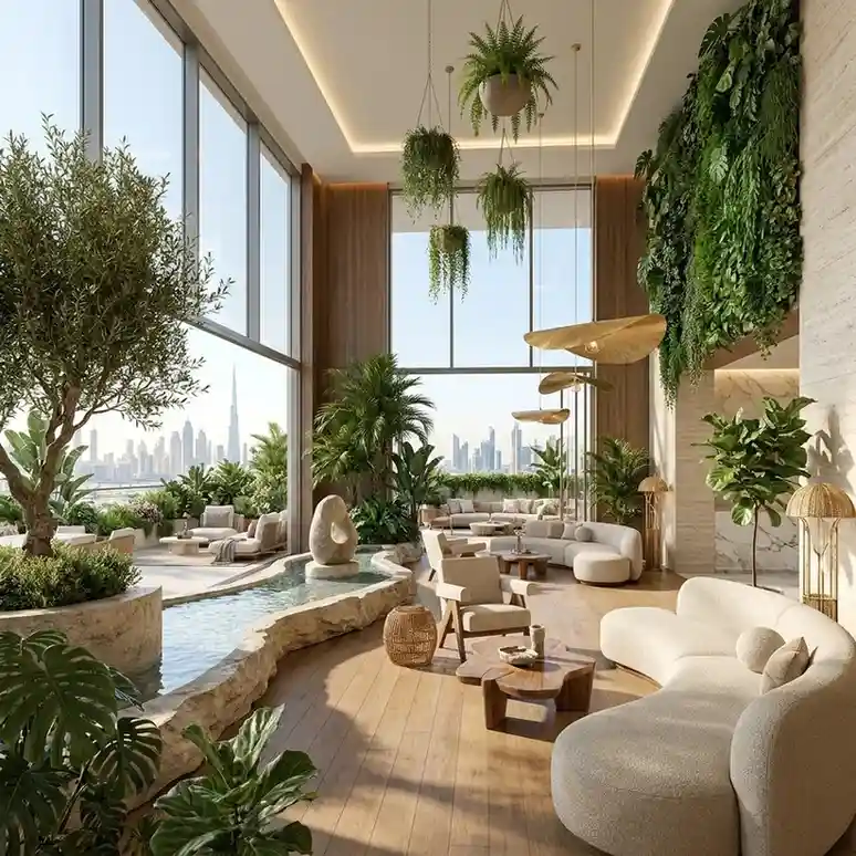 Luxury biophilic hotel lobby with indoor trees, living green wall, natural stone water feature, and contemporary hospitality interior overlooking the Dubai skyline.