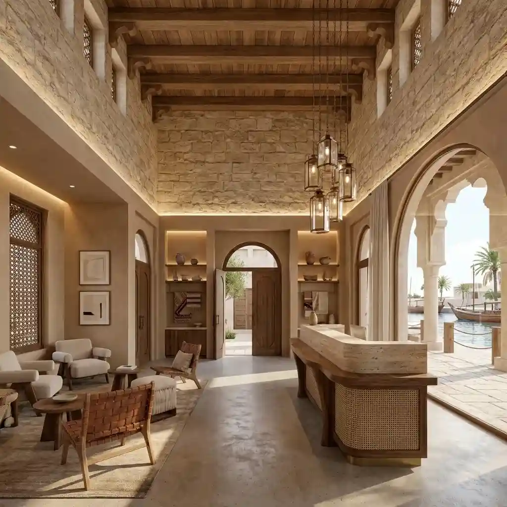 Boutique hotel interior fit-out inspired by Al Seef with modern luxury and heritage design.