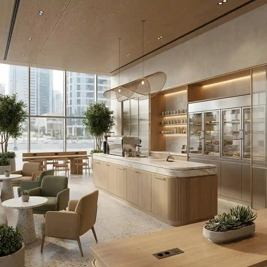 Contemporary cafe and bakery interior design in City Walk with artisan-inspired luxury finishes.