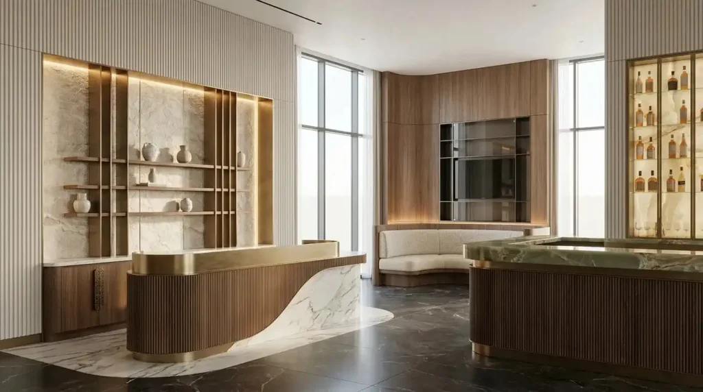 Bespoke hospitality furniture and custom joinery crafted for luxury hotel and restaurant interiors.