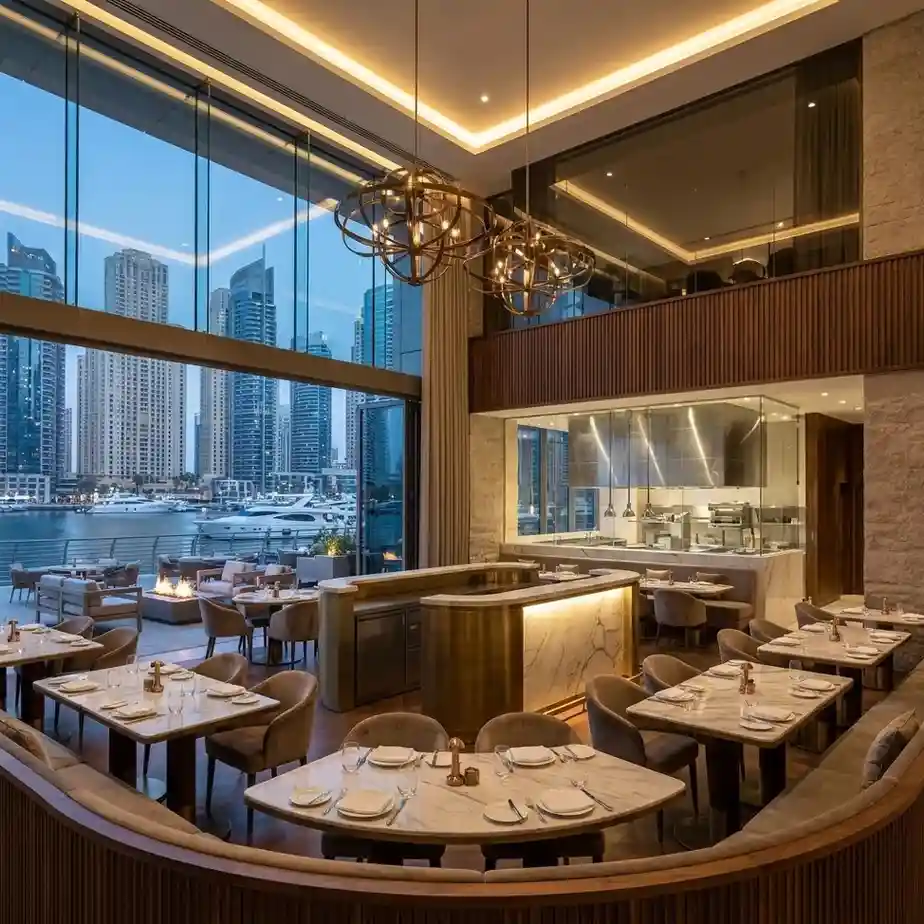Luxury fine dining restaurant interior with contemporary design overlooking Dubai Marina.