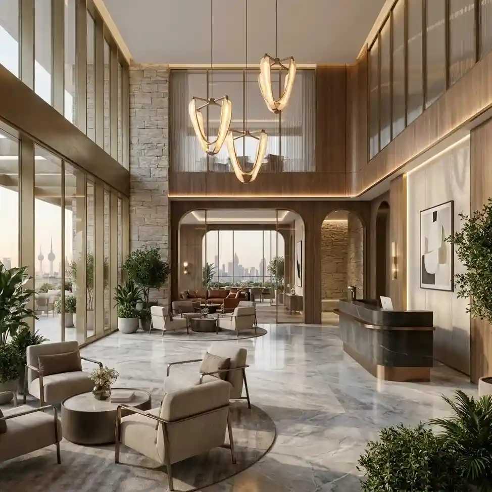 Luxury hotel interior design with elegant lobby, premium furnishings, and contemporary hospitality styling in Dubai.