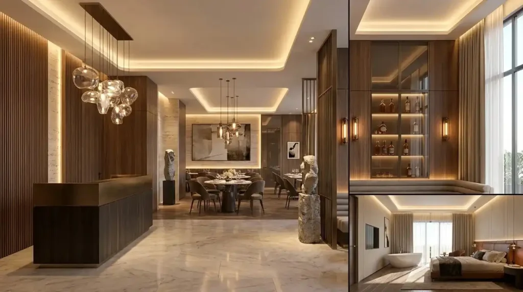 Luxury hospitality lighting design featuring architectural lighting and elegant ambient illumination.