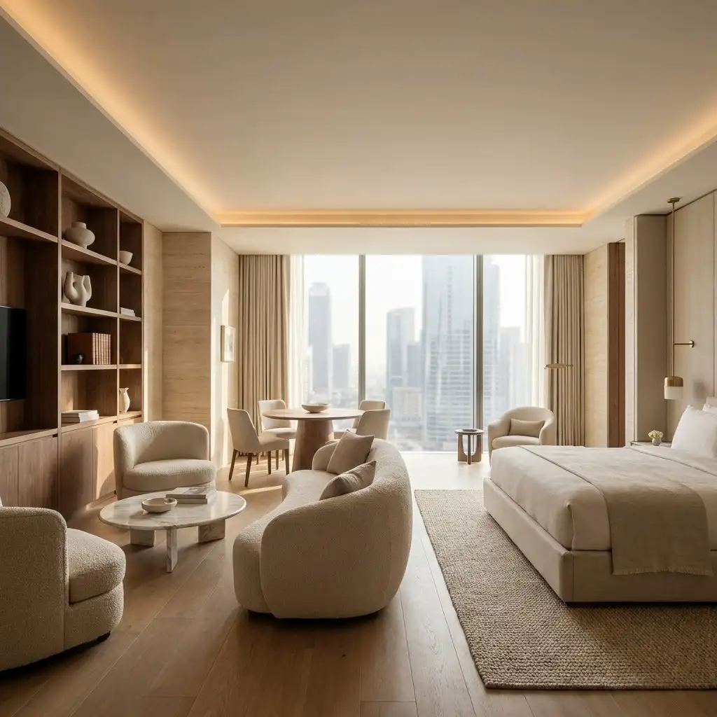 Timeless luxury hotel suite with contemporary open-plan interior, premium natural materials, elegant furnishings, and panoramic Dubai skyline views.