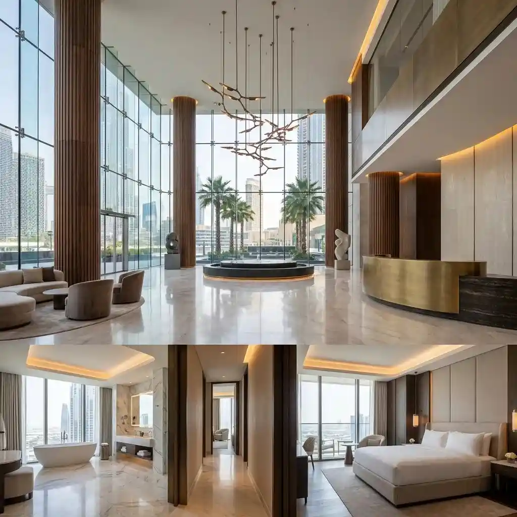 Luxury hotel lobby and guest rooms with premium interior design overlooking Downtown Dubai.