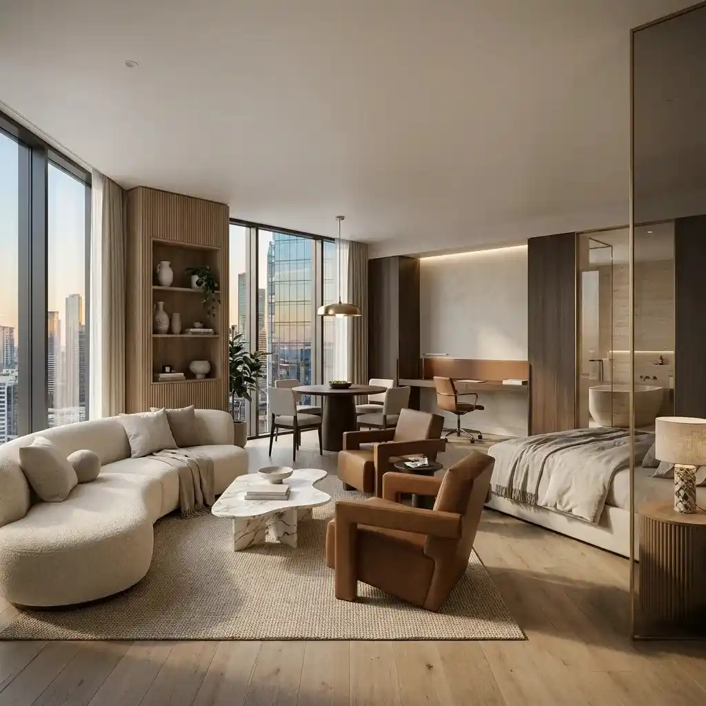 Luxury residential-style hotel suite with open-plan living area, warm wood finishes, premium furnishings, and panoramic Dubai skyline views.