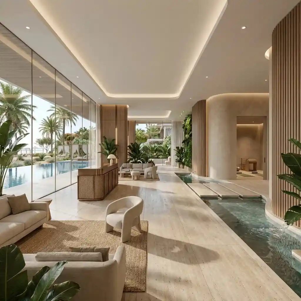 Luxury resort wellness interior with spa-inspired architecture, natural materials, and tranquil design.