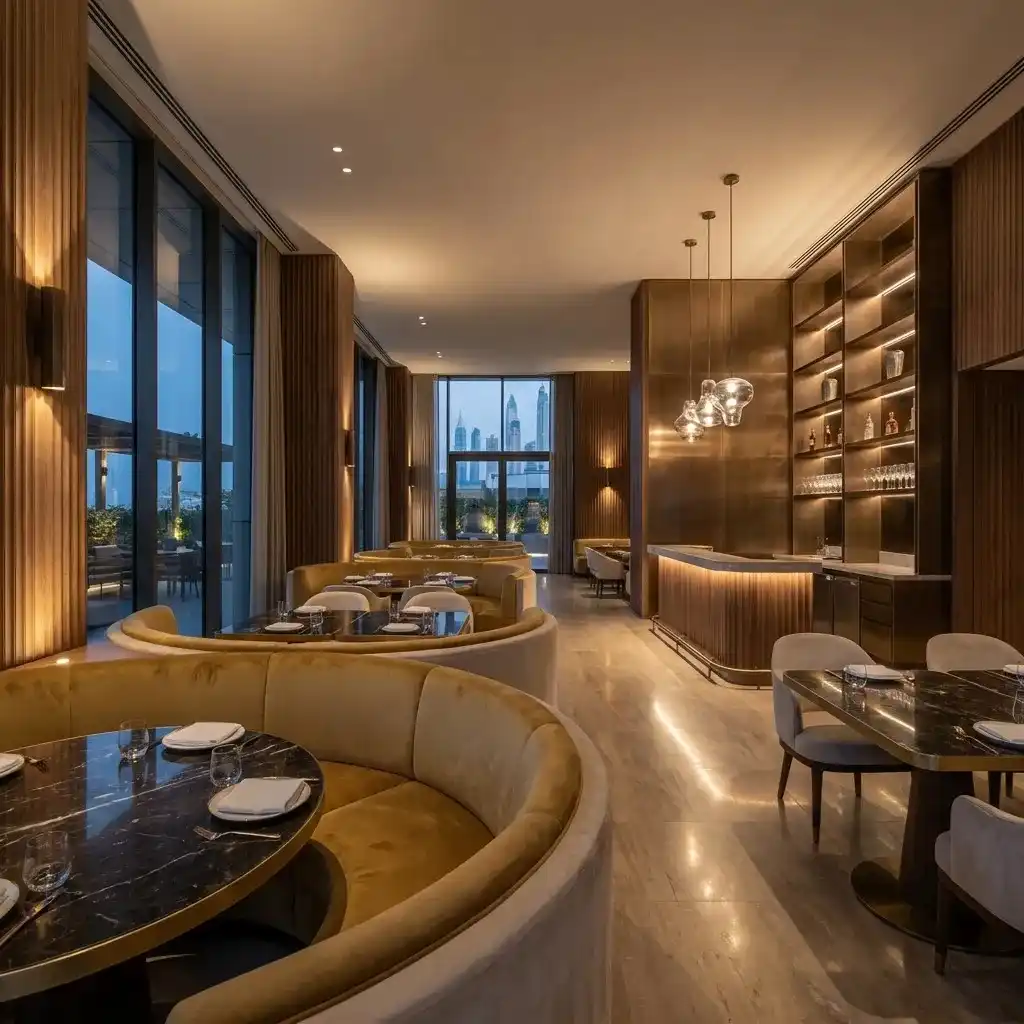 Modern restaurant interior design featuring luxury dining space with bespoke furniture and warm lighting in Dubai.
