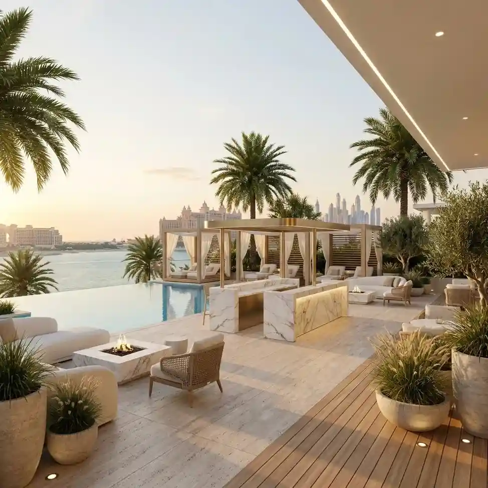 Luxury rooftop lounge with panoramic Palm Jumeirah views and elegant hospitality interiors.