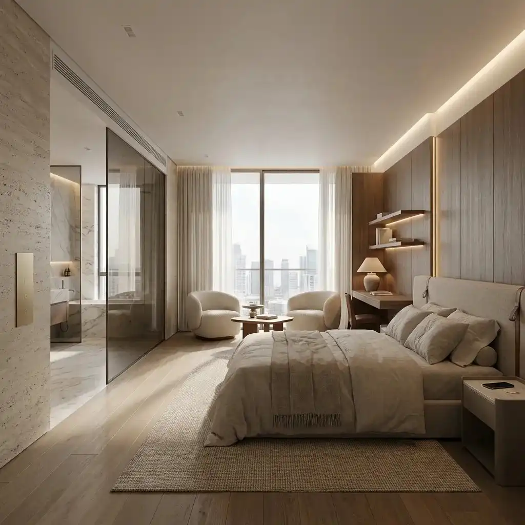 Modern smart hotel room with concealed technology, premium bedroom design, integrated lighting, and elegant contemporary interiors overlooking Dubai.