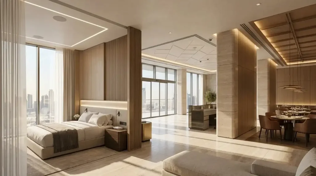 Smart hospitality interior integrating modern technology with luxury hotel and restaurant design.