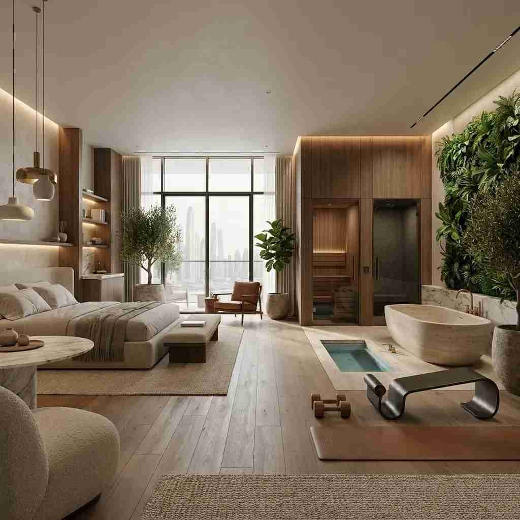 Luxury wellness hotel suite with private sauna, recovery pool, spa-inspired bathroom, fitness area, and biophilic interior design overlooking the Dubai skyline.